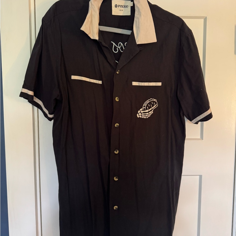 Pyknic Fed Up Camp Collar Bowling Shirt Large Tacos Beer Skeleton Taco Black